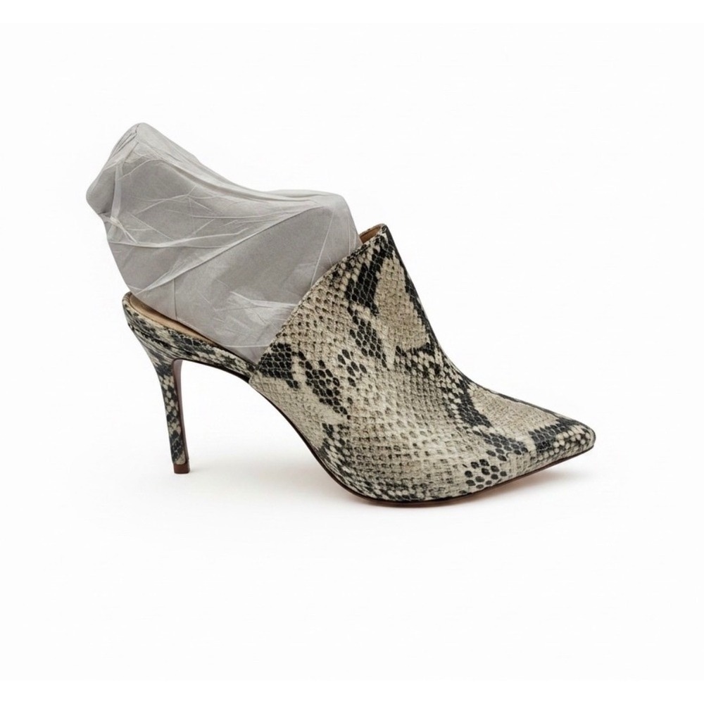 Schutz Mules Womens 6.5B Natural Bardot Snake Embossed Pointed Toe Stiletto Heel